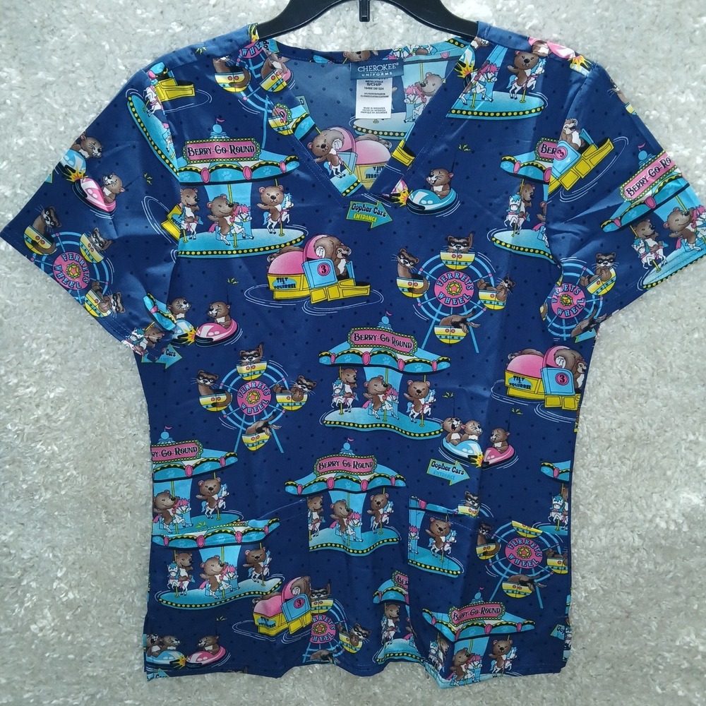 Cherokee Medical Uniforms‎ Scrub Top V-Neck Navy Blue Bear Carnival Print Size S